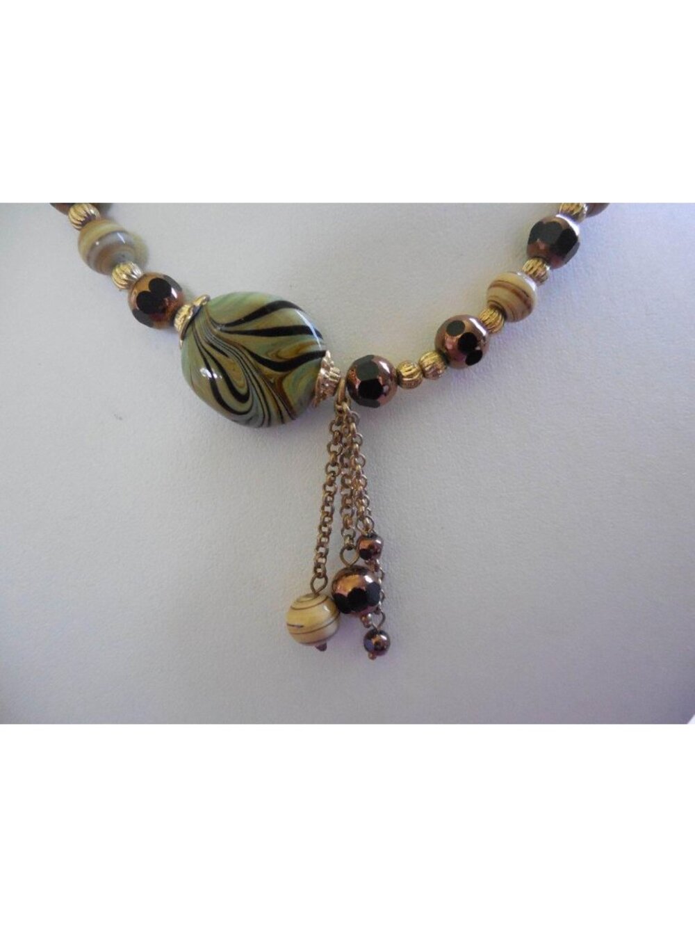 HUGO Designer Artisan Swirl Art Glass Tassel Necklace, Earthy Boho 20" NWT